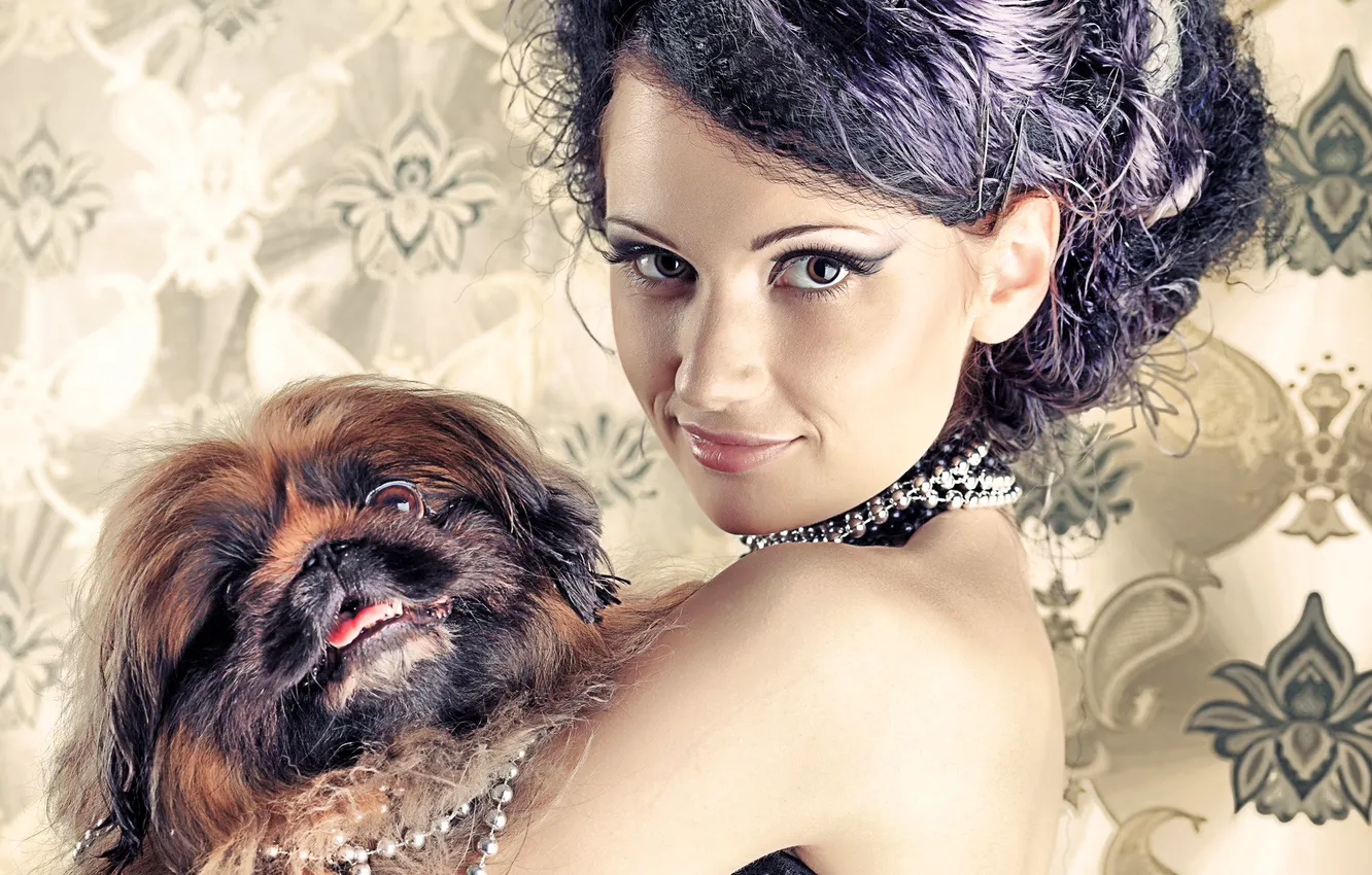 Photo wallpaper look, smile, dog, necklace, brunette