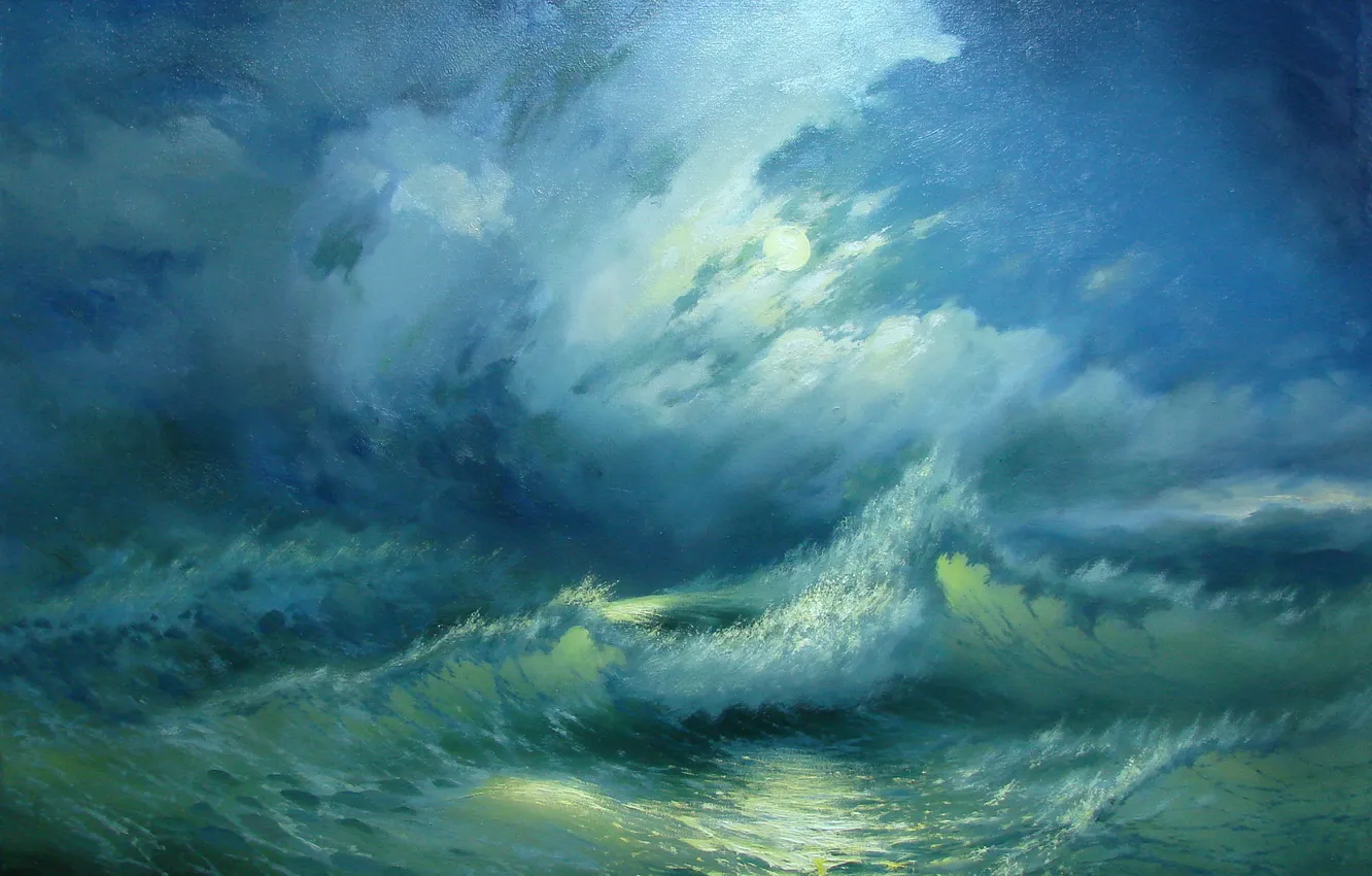 Photo wallpaper sea, wave, landscape, night, blue, lights, the moon, beauty