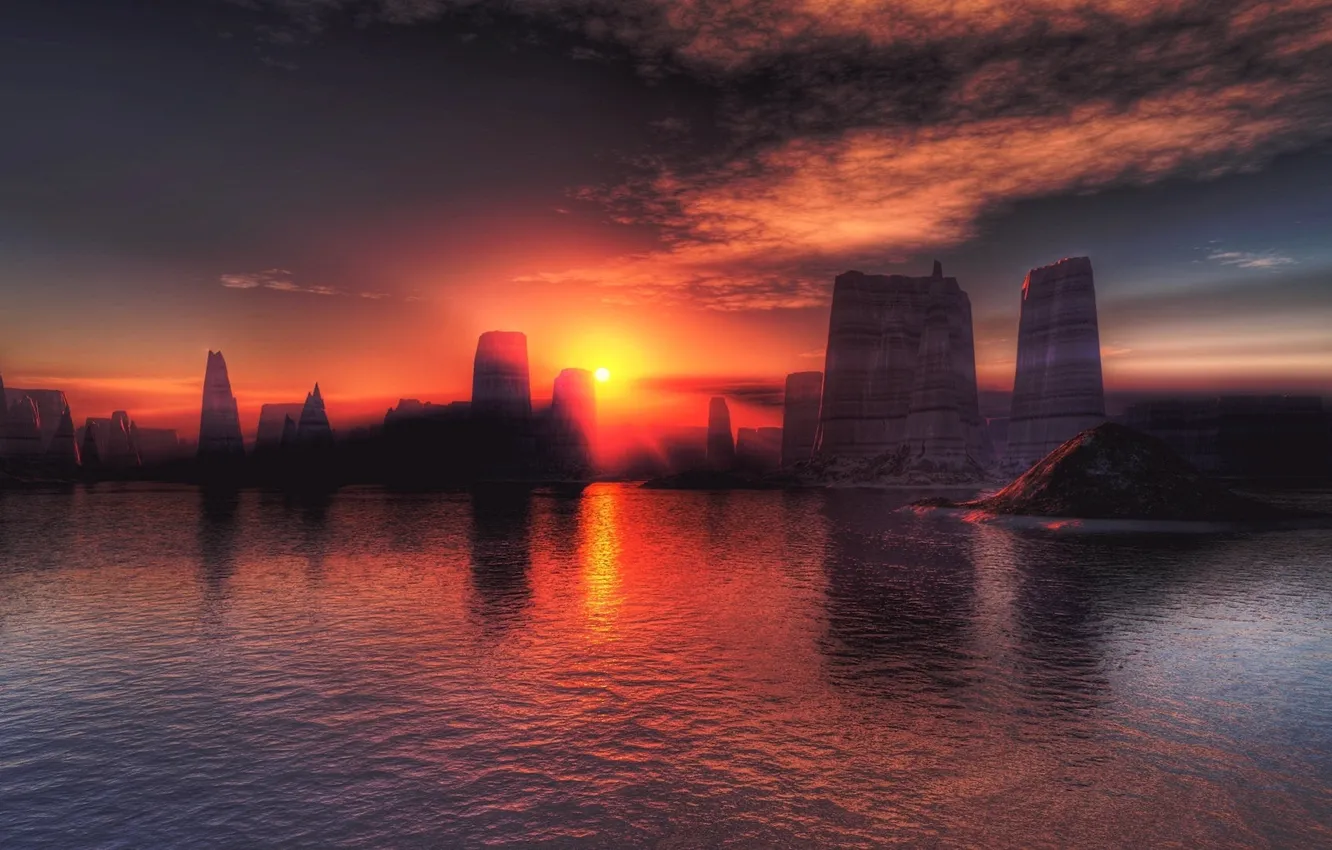 Photo wallpaper sea, the sun, clouds, landscape, nature, river, building