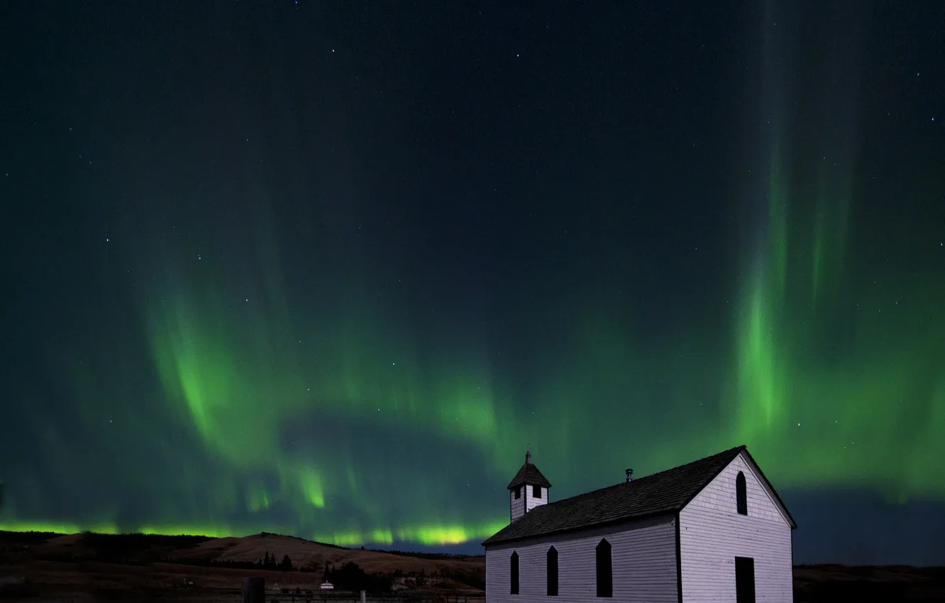 Photo wallpaper the sky, Northern lights, Church