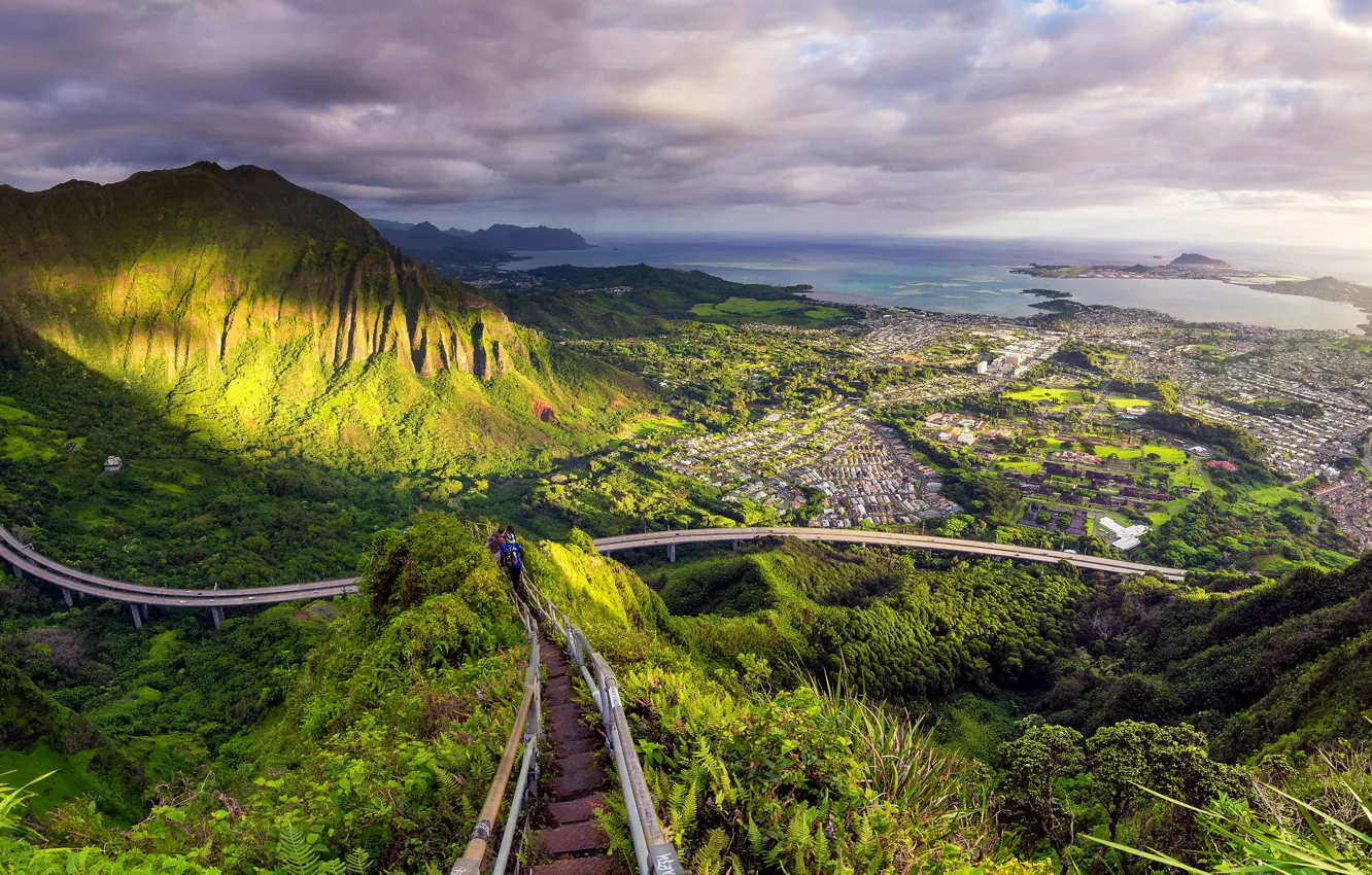 Photo wallpaper Nature, Mountains, Hawaii, Landscape, Stairway to heaven, Haiku Stairs