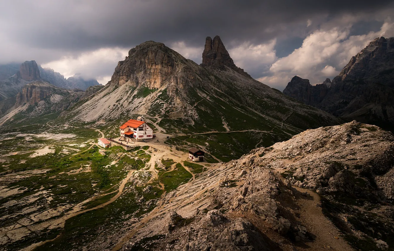 Photo wallpaper clouds, mountains, house, Italy, The Dolomites, Tre Cime di Lavaredo
