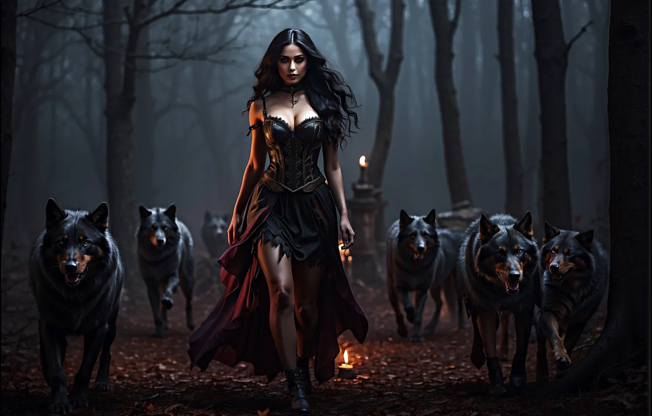 Photo wallpaper look, girl, pose, wolf, pack, AI art, neural network