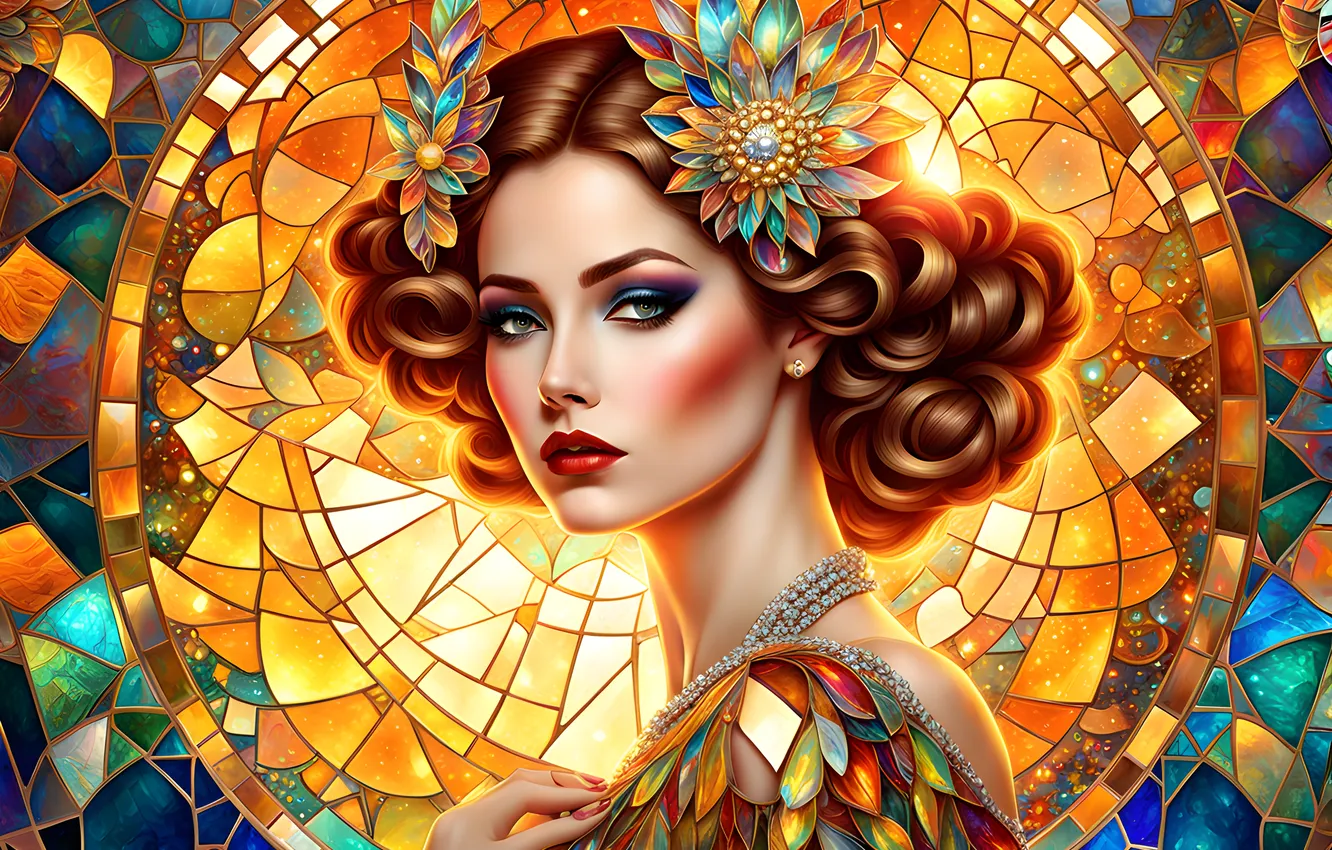 Photo wallpaper girl, decoration, hairstyle, stained glass, ornament, Princess, curls, imitation painting