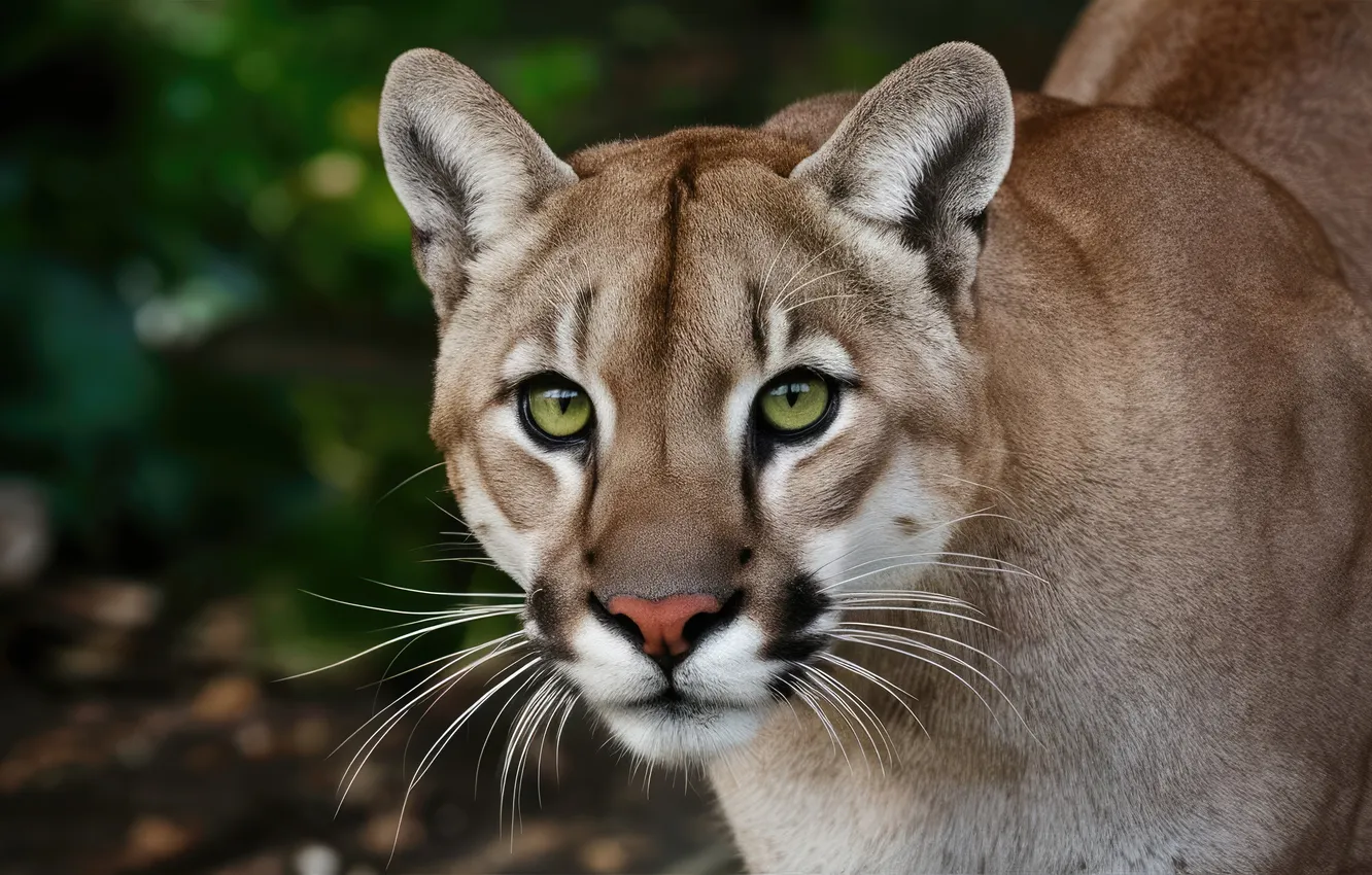 Photo wallpaper look, face, nature, portrait, Puma, green eyes, bokeh, AI art