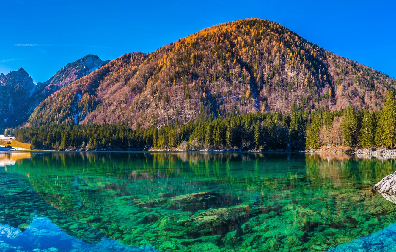 Photo wallpaper mountains, lake, reflection, Italy, Tarvisio Landscape