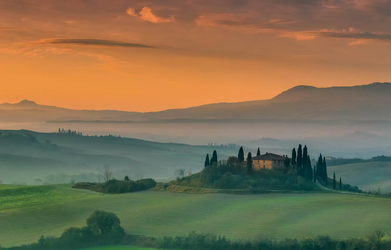 Photo wallpaper field, the sky, trees, home, Italy, estate, Tuscany
