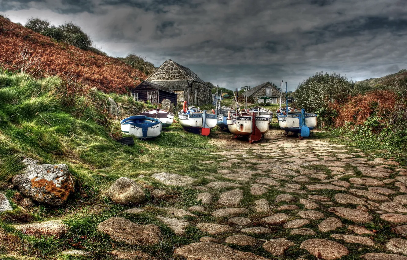 Photo wallpaper landscape, stones, boats, stone houses