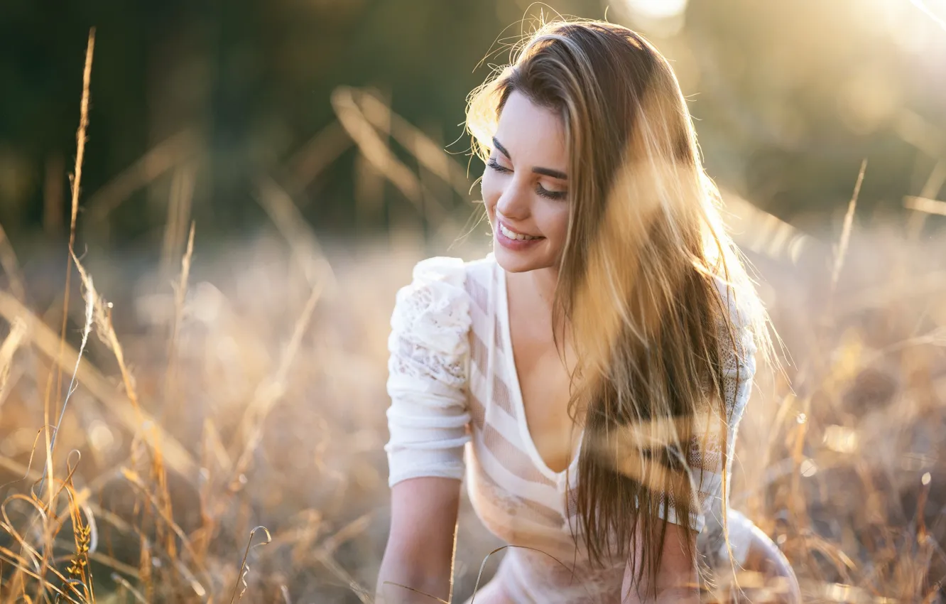 Photo wallpaper smile, closed eyes, bokeh, beautiful girl, happy, joy, grass, cutie