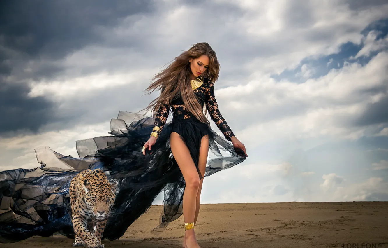 Photo wallpaper sand, clouds, decoration, desert, barefoot, leopard, beautiful girl, gait