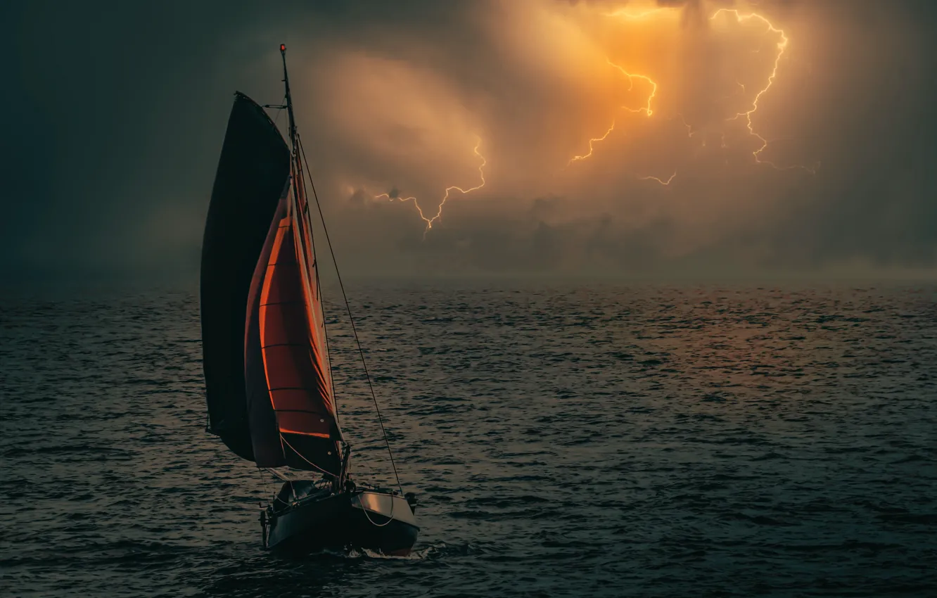 Photo wallpaper sea, element, lightning, sailboat