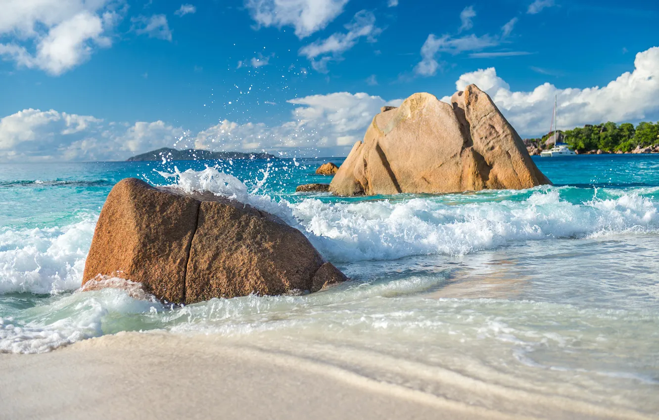 Photo wallpaper sand, sea, beach, stones, Seychelles