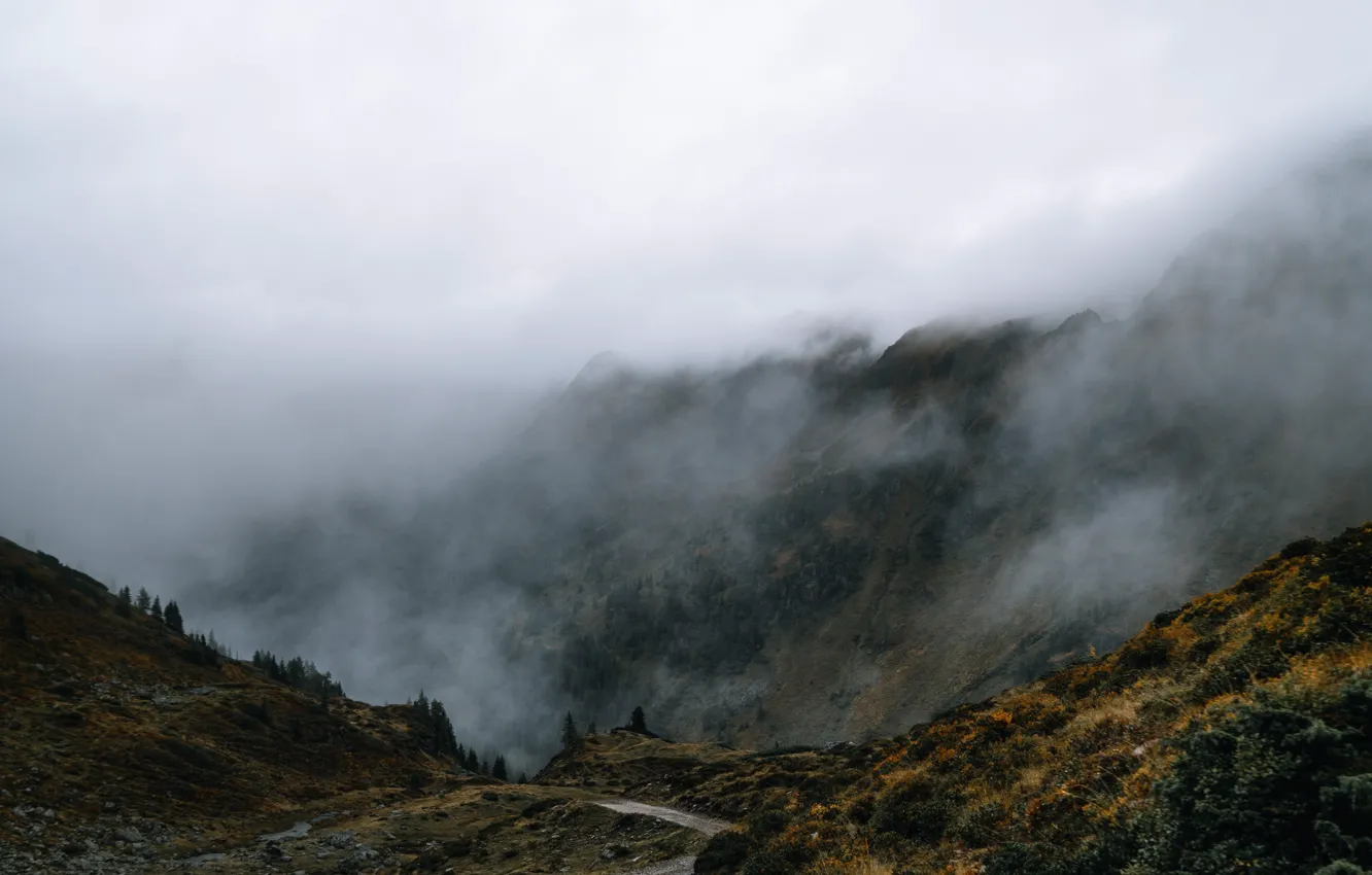 Photo wallpaper the sky, mountains, nature, fog, rocks, Austria, path, Austria