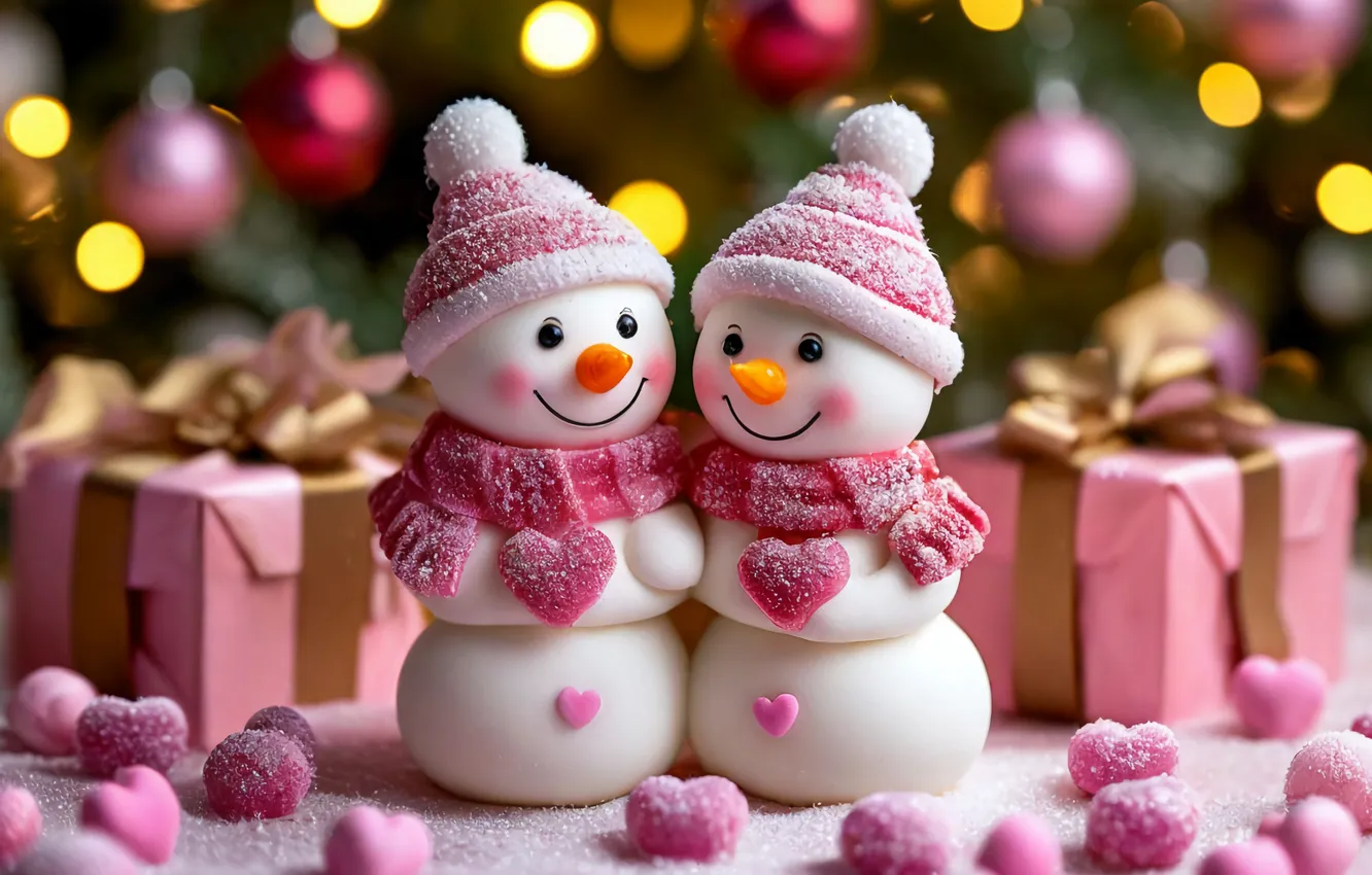 Photo wallpaper love, new year, snowman, pink, miniature