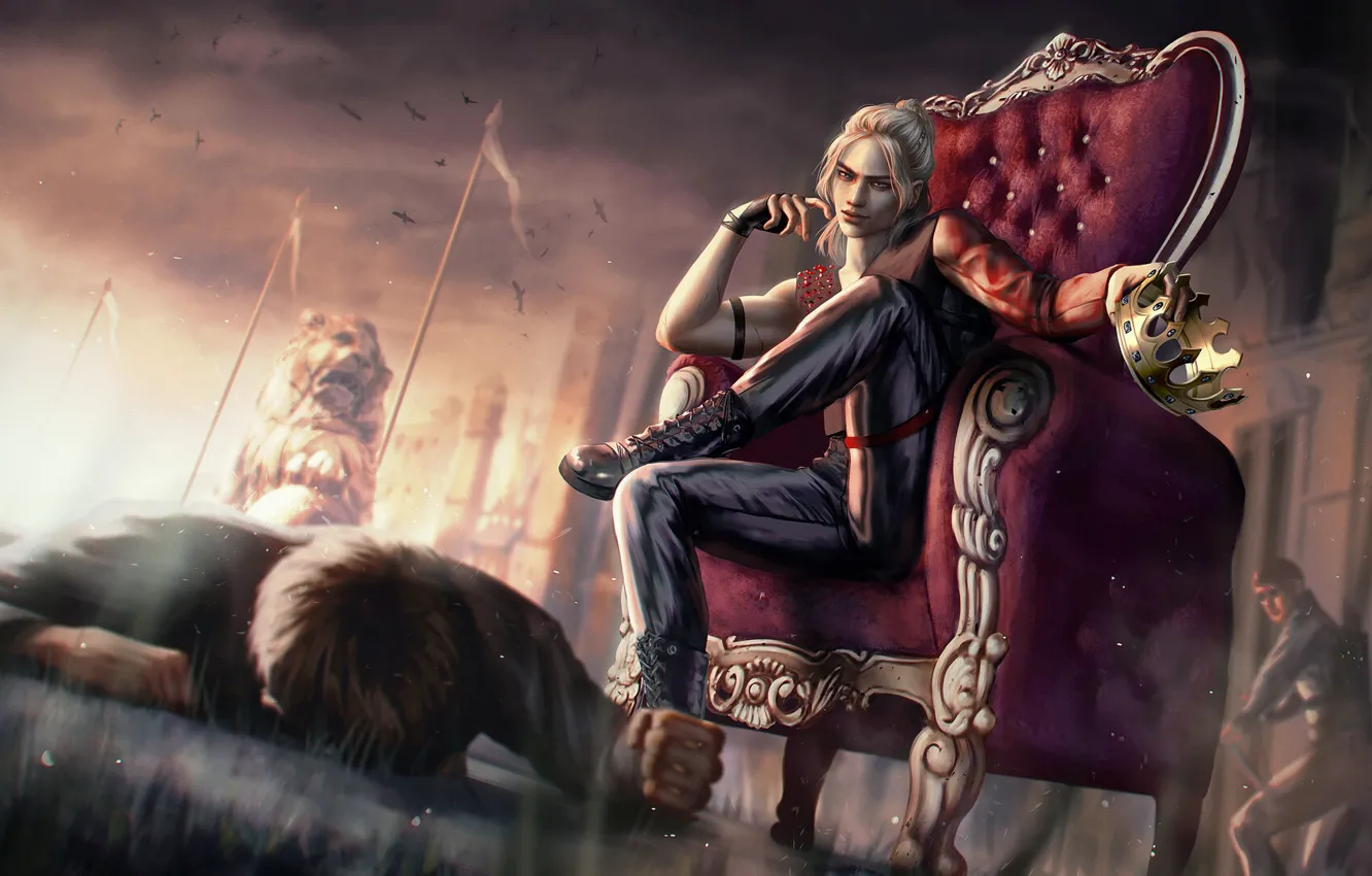 Photo wallpaper pose, bird, chair, Leo, crown, the young man, fantasy art, Paulina Bochniak