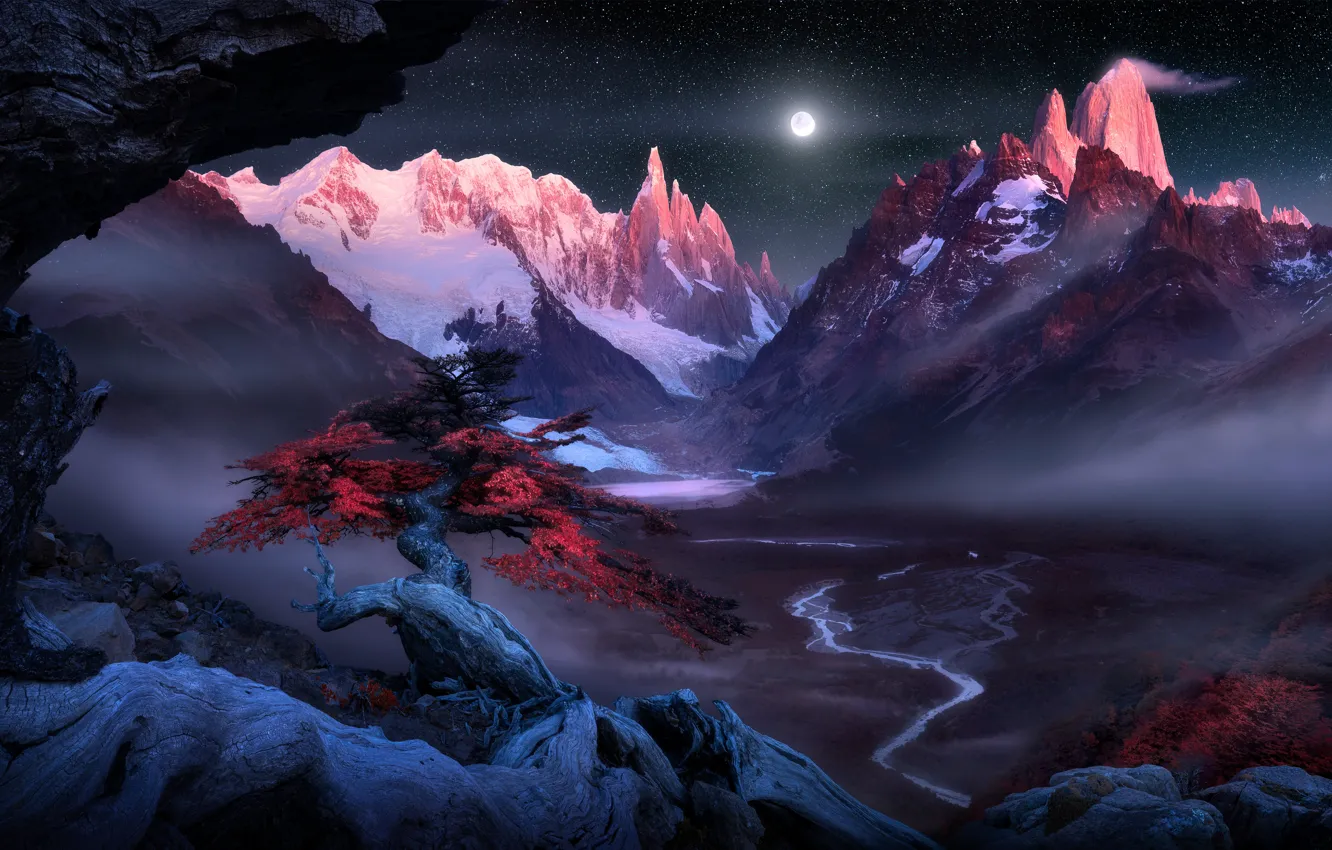 Photo wallpaper moon, river, photography, trees, landscape, nature, Argentina, mountains