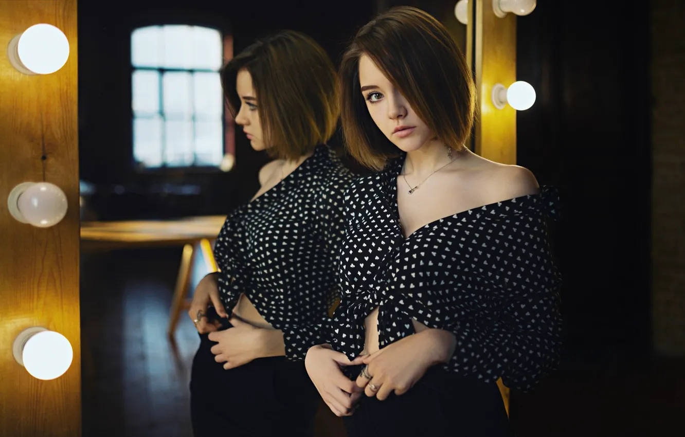 Photo wallpaper look, girl, reflection, portrait, mirror, blouse, light bulb, shoulder