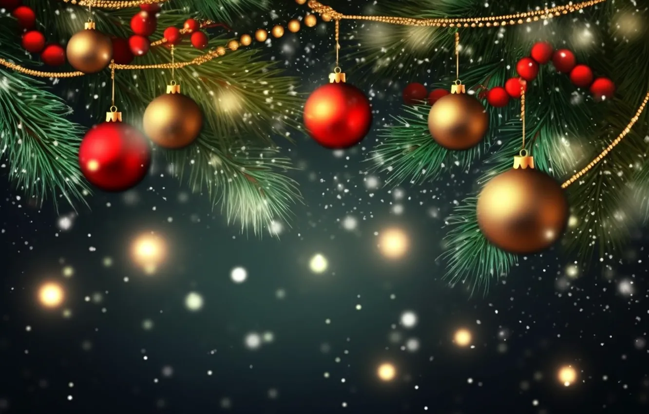 Photo wallpaper decoration, balls, tree, new year, Christmas, golden, Christmas, balls