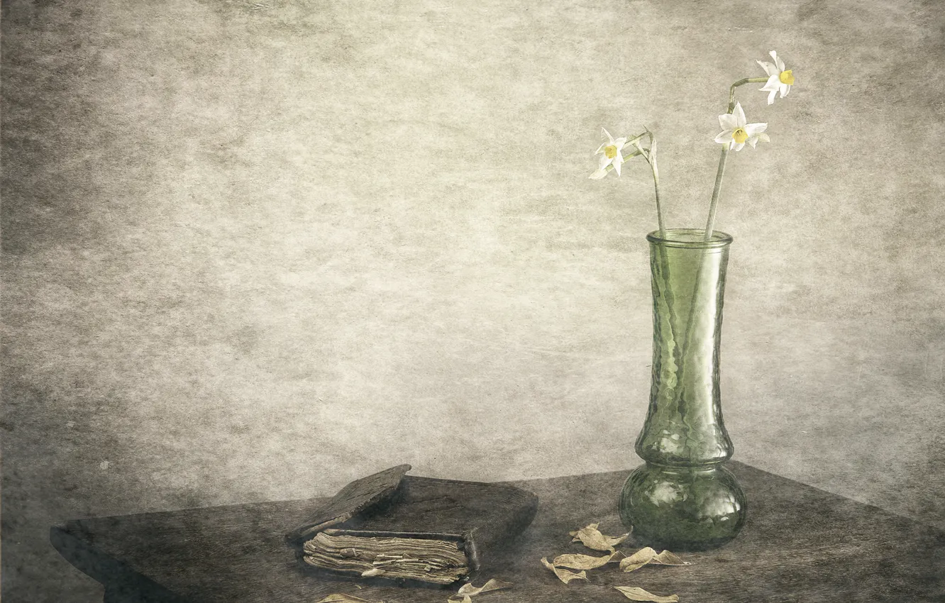 Photo wallpaper leaves, figure, vase, daffodils