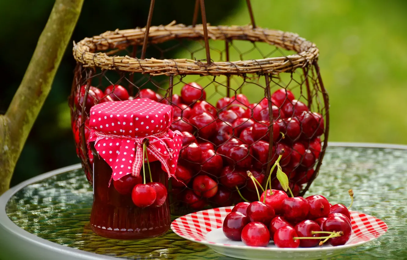 Photo wallpaper cherry, berries, basket, Jam Cherry