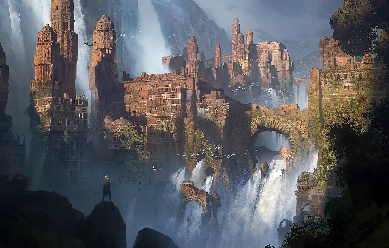 Photo wallpaper mountains, waterfall, man, fortress, WATERFALLS