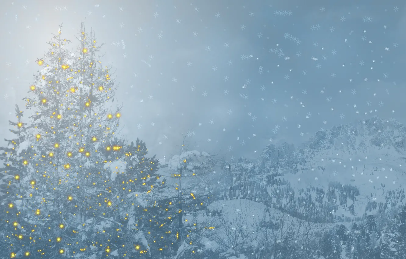 Photo wallpaper winter, the sky, snow, mountains, snowflakes, nature, lights, fog