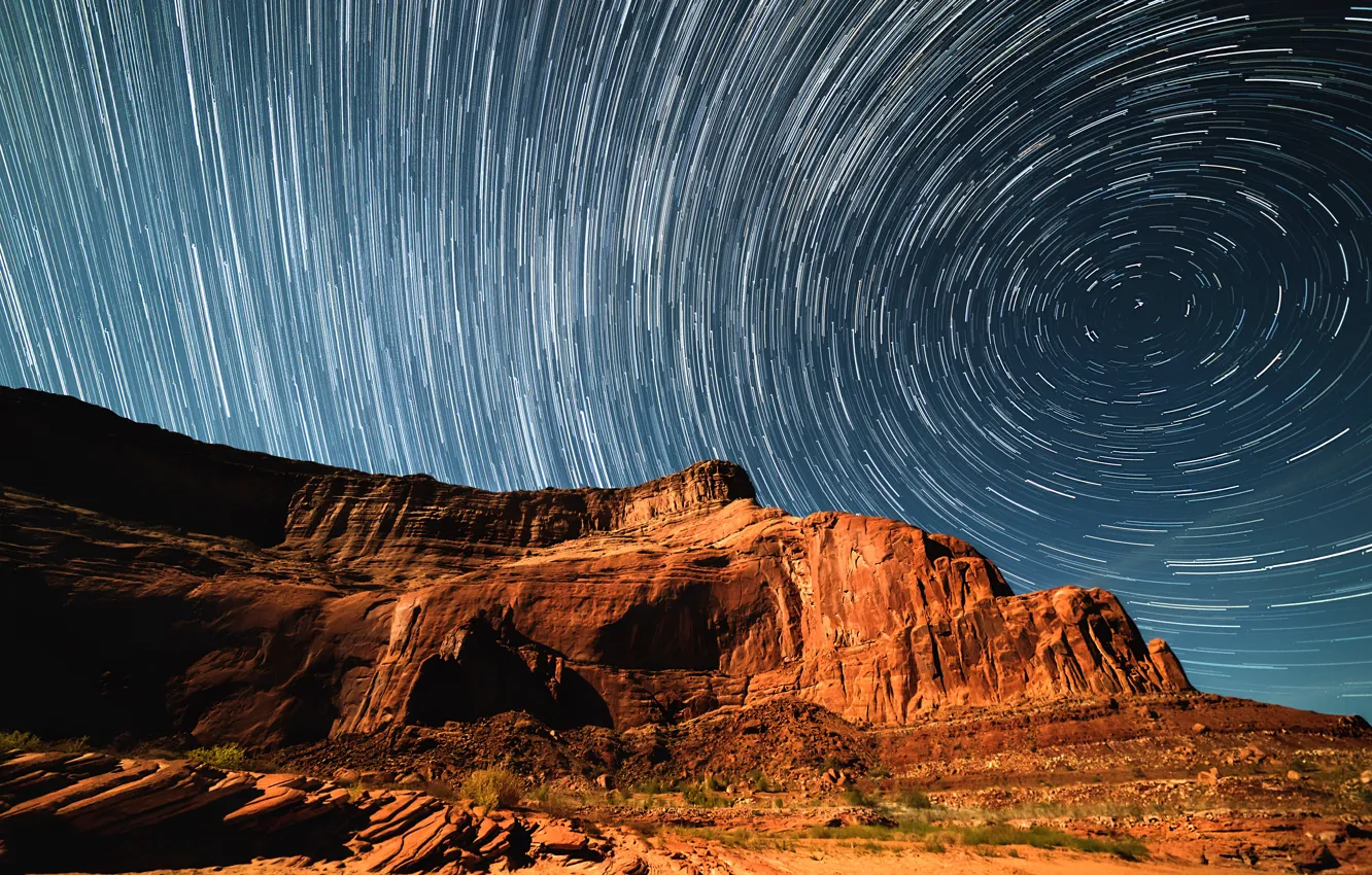 Photo wallpaper the sky, stars, rocks, canyon, starry sky, long exposure, long exposure, lighttrails