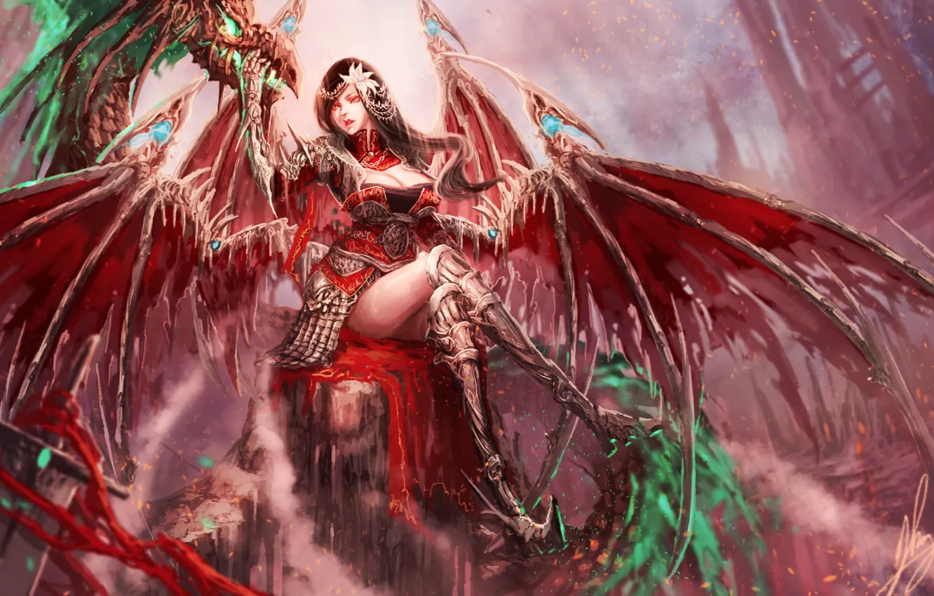 Photo wallpaper look, pose, fiction, wings, art, sitting, demoness