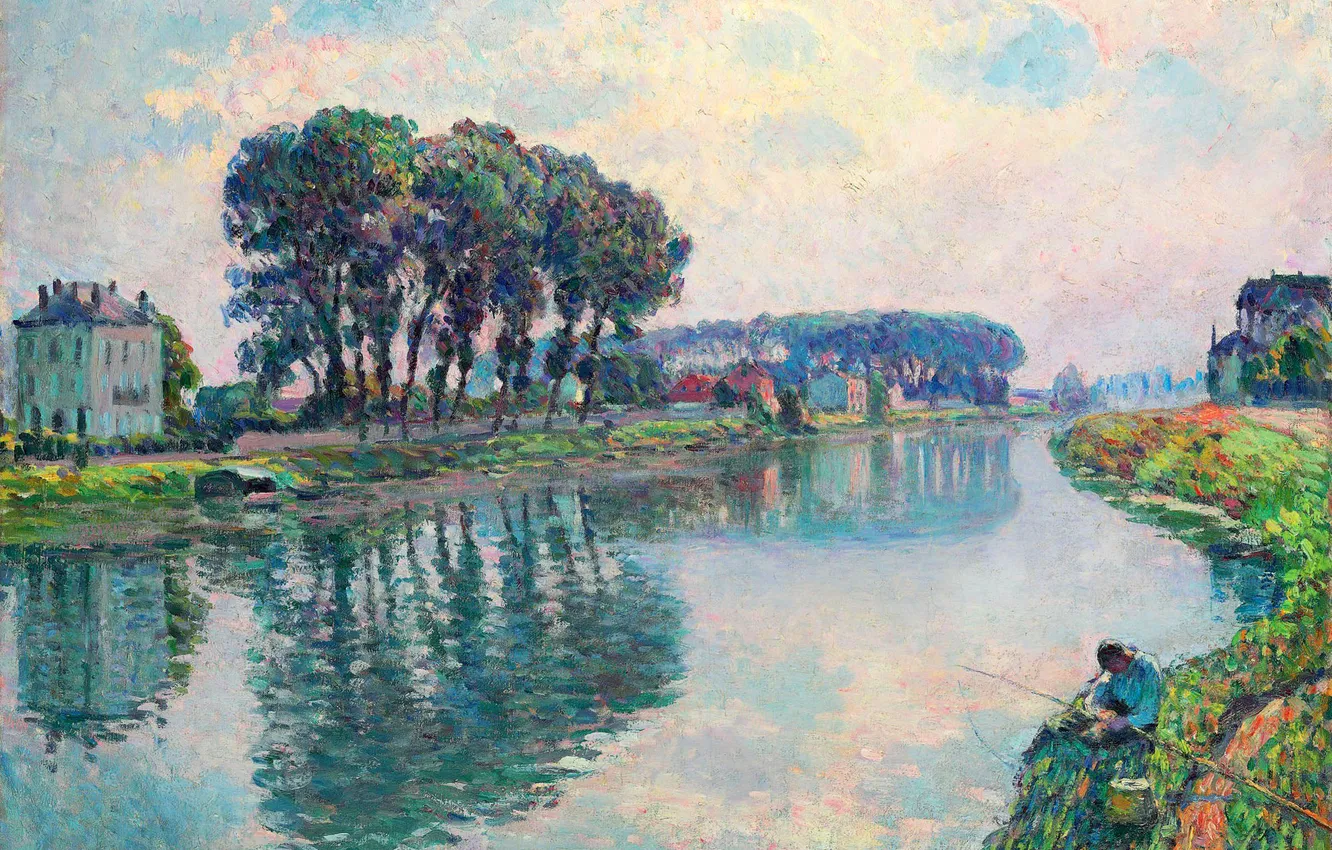 Photo wallpaper landscape, river, picture, fisherman, Henri Lebasque, Fisher at the Bank of the Marne at Lagny