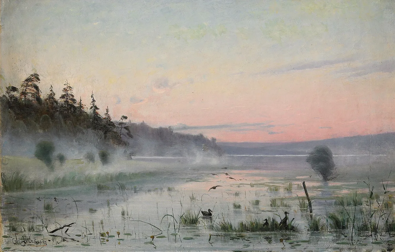 Photo wallpaper landscape, oil, picture, CARL JOHANSSON, Carl Johansson, Morning mist over the lake