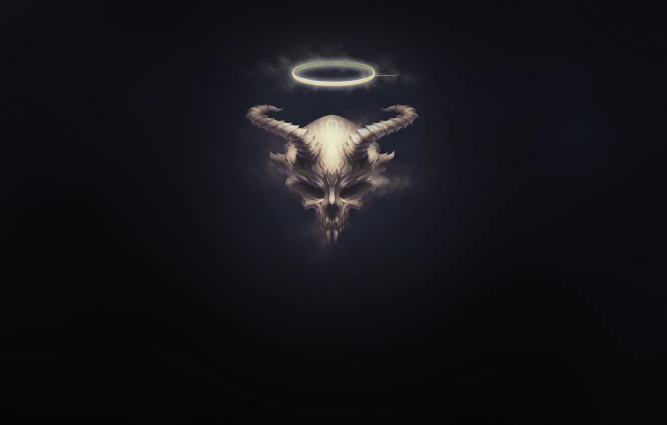 Photo wallpaper background, skull, minimalism, the demon, bones, horns, the devil, halo