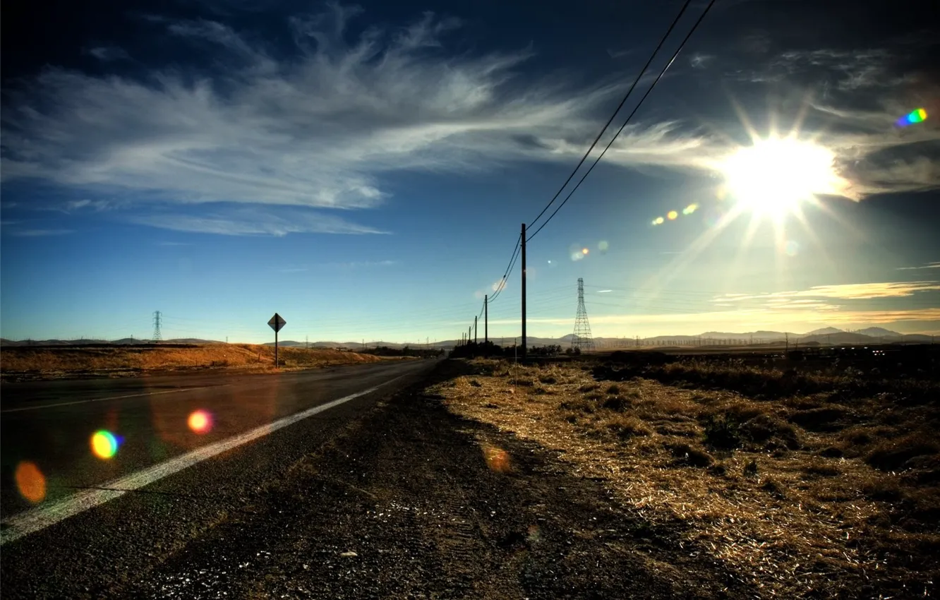 Photo wallpaper road, the sun, posts, Prairie