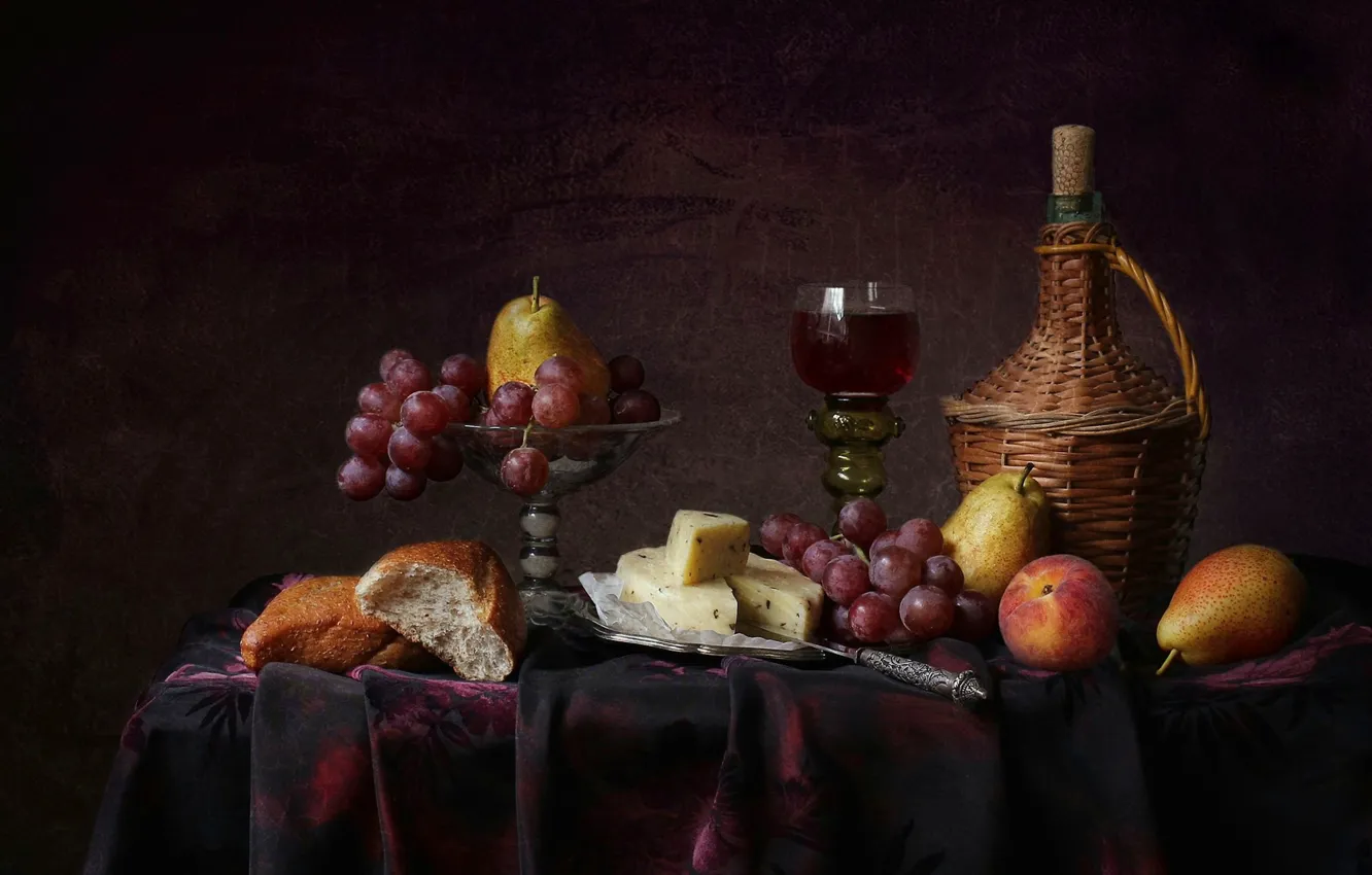 Photo wallpaper style, background, wine, glass, cheese, bread, grapes, fruit