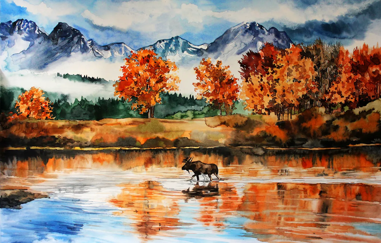 Photo wallpaper forest, mountains, nature, river, moose