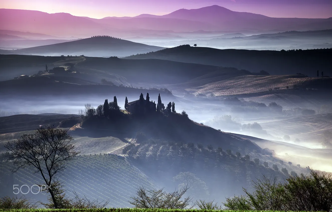 Photo wallpaper fog, morning, Italy, Tuscany