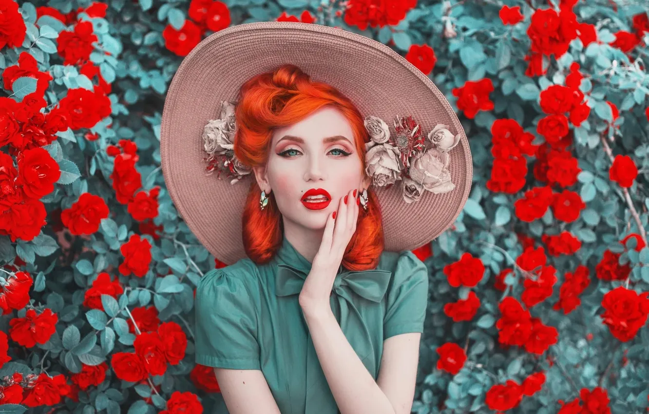 Photo wallpaper flowers, gesture, Flirty, fashionista, Red-haired beauty