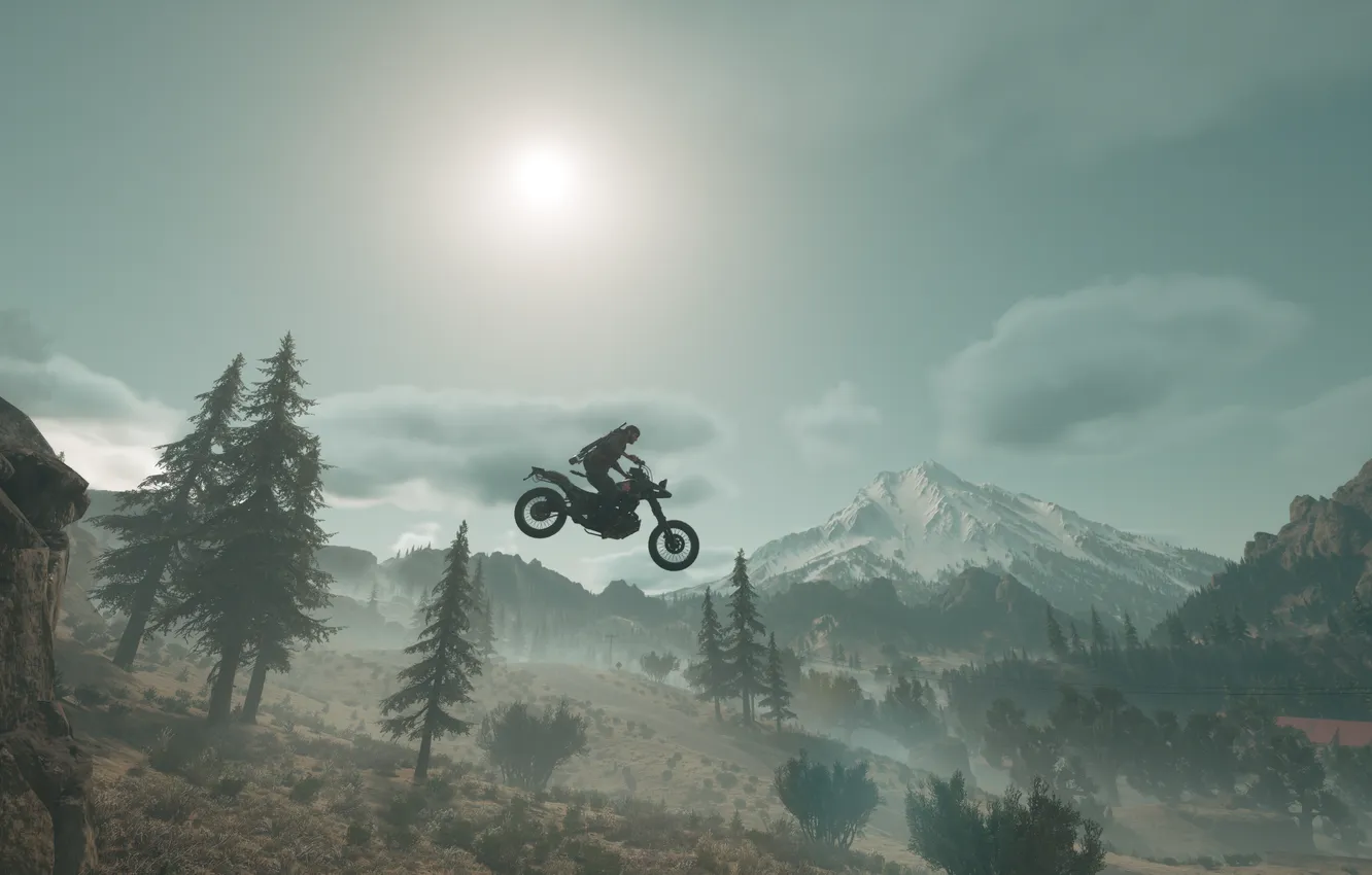 Photo wallpaper mountains, fog, Moto, haze, male, screenshot, biker, postapokalipsis