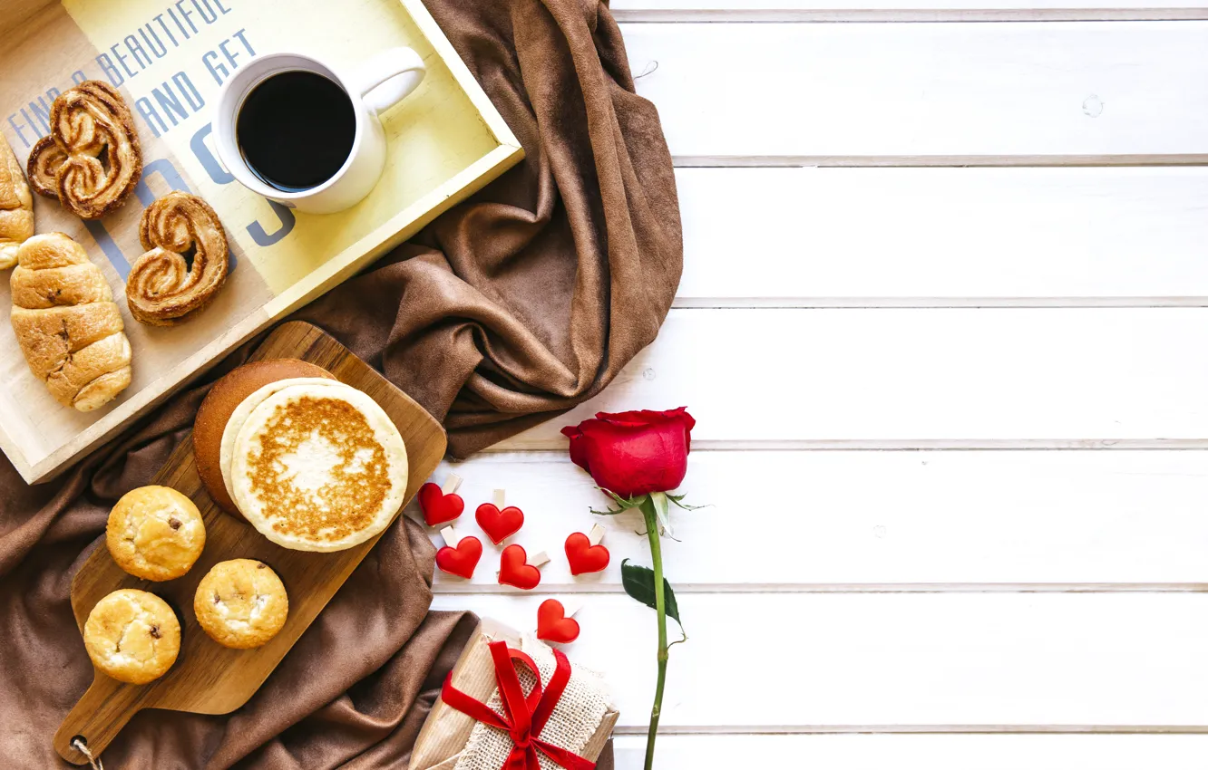 Photo wallpaper love, red, gift, roses, Breakfast, red, love, heart