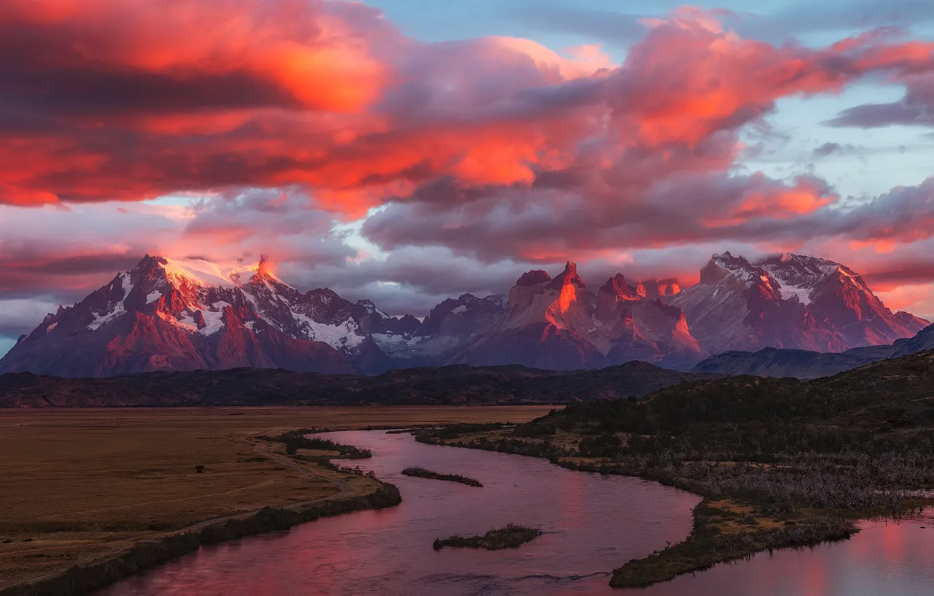 Photo wallpaper clouds, mountains, river, glow, Chile, Magallanes