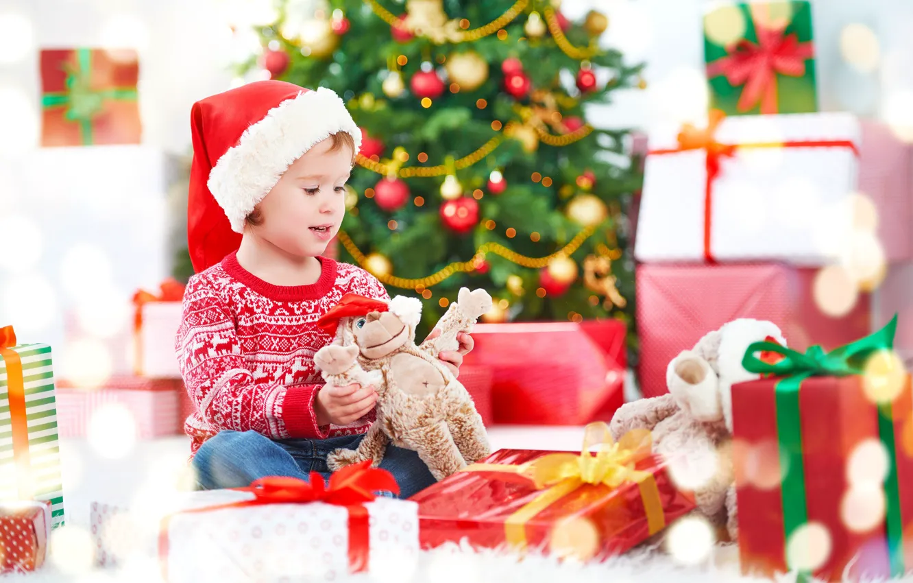 Photo wallpaper children, gift, hat, toy, tree, new year, boy, 2018