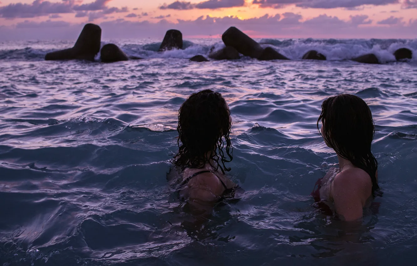 Photo wallpaper wave, girls, in the water, Rocked by the waves