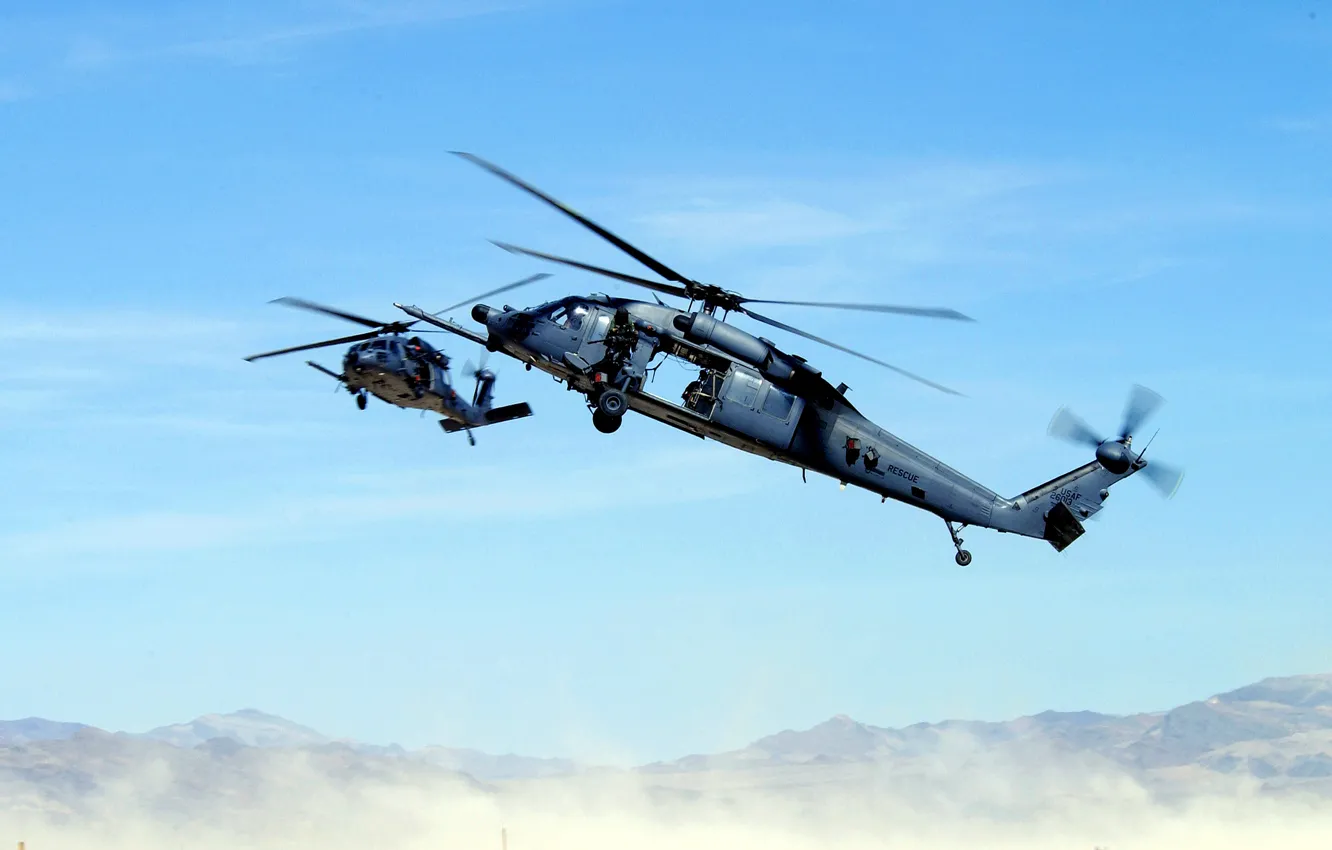 Photo wallpaper mountains, desert, helicopter, machine gun, rescuers, blades, THE MH-60K, black hawk