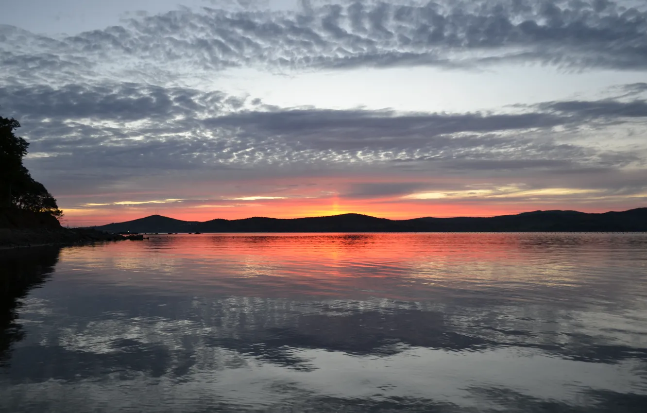 Photo wallpaper sea, clouds, sunset, mountains, Bay