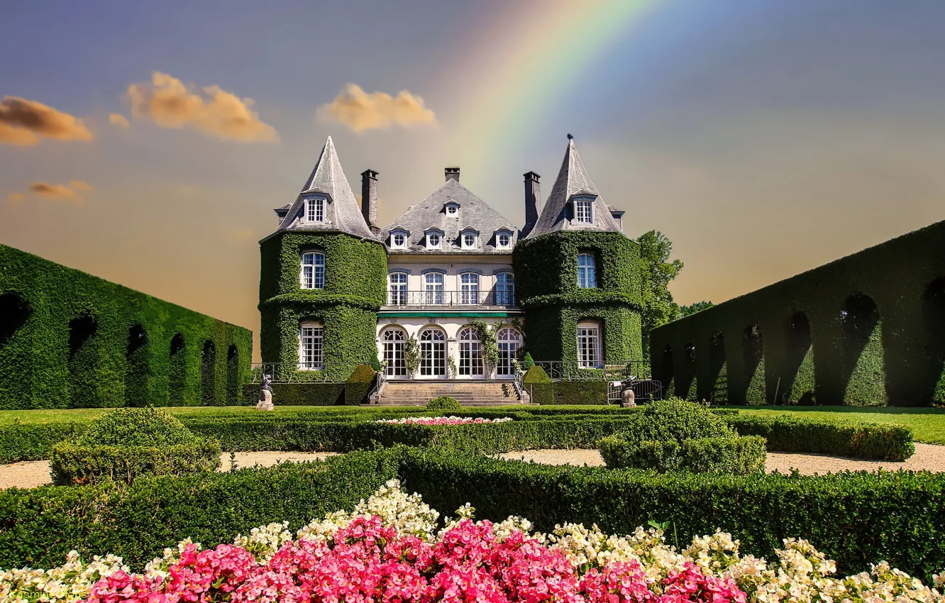 Photo wallpaper flowers, castle, tower, rainbow