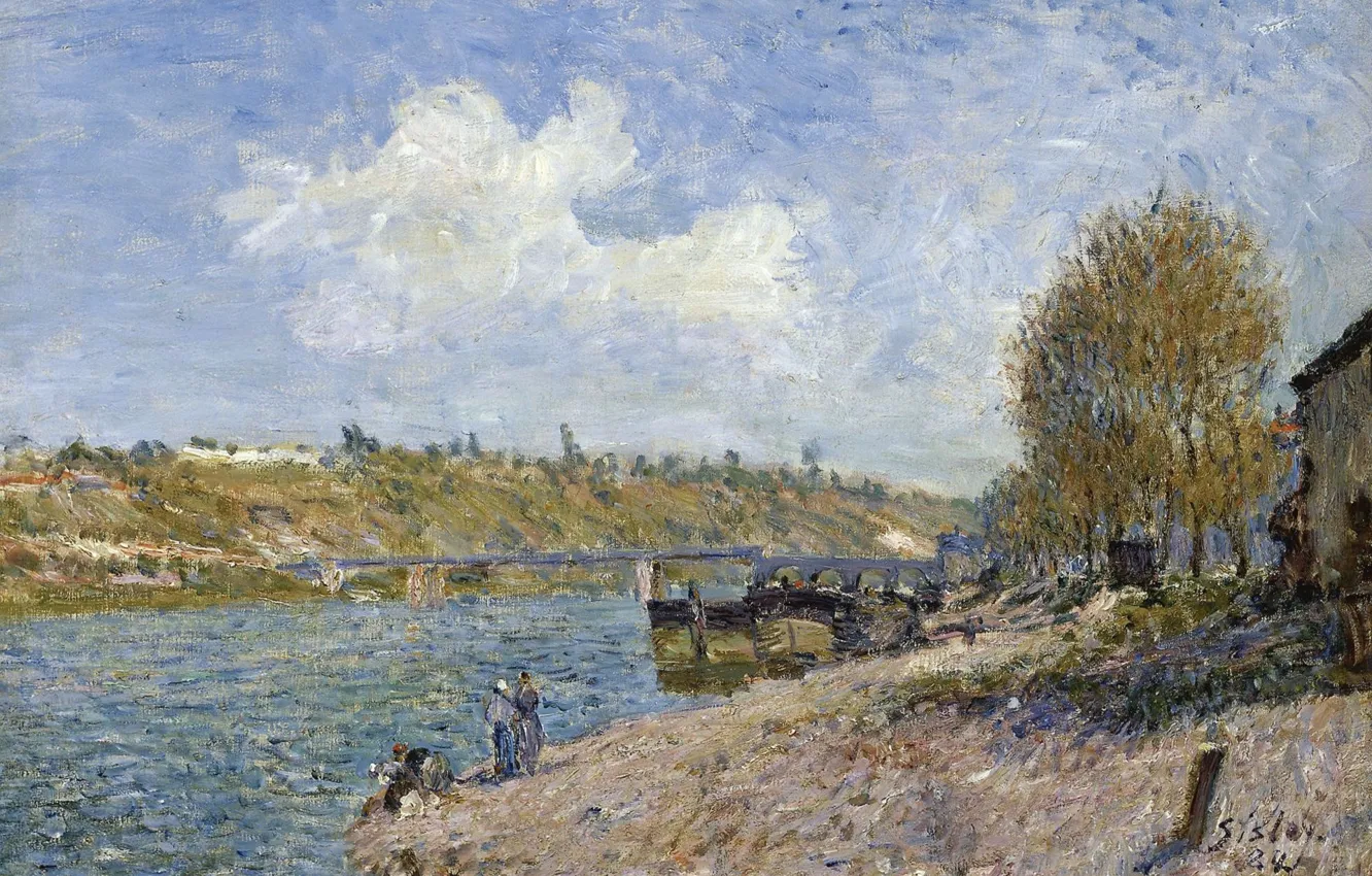 Photo wallpaper bridge, river, picture, Alfred Sisley, Alfred Sisley, Landscape on the River Bank
