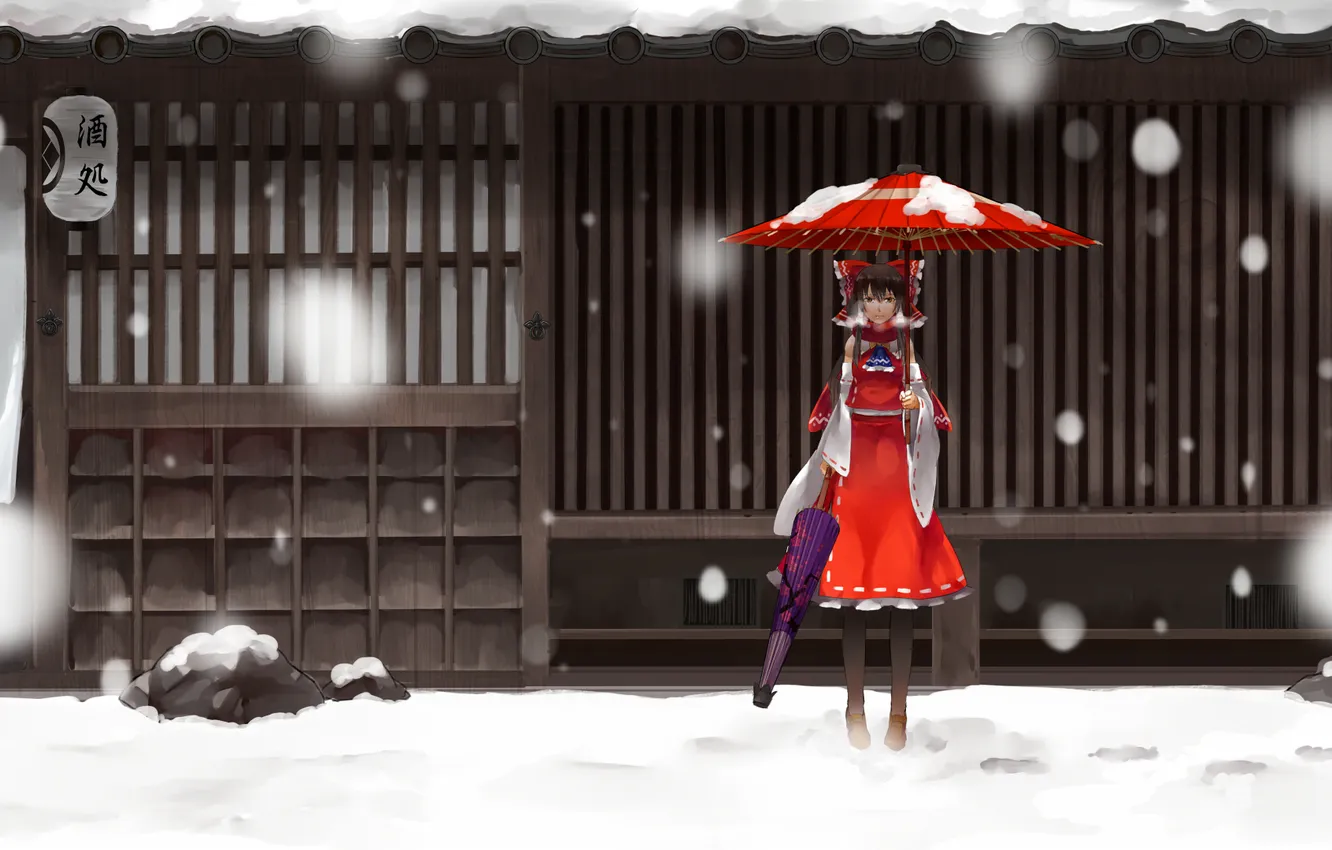 Photo wallpaper winter, look, girl, snow, umbrellas, touhou, art, hakurei reimu