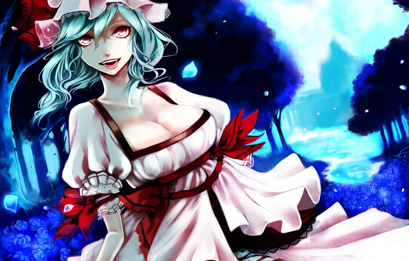 Photo wallpaper look, girl, flowers, night, smile, lake, mood, the moon