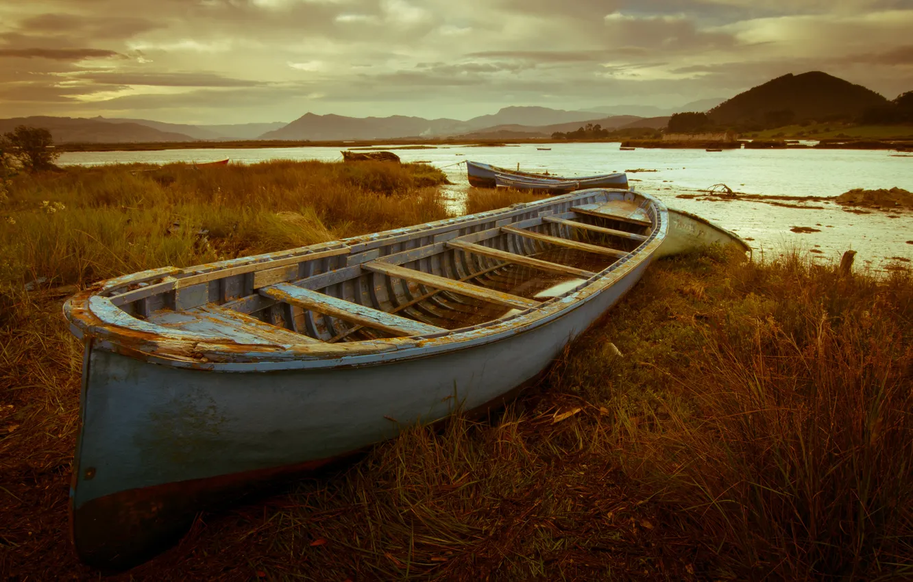 Photo wallpaper mountains, river, shore, boat