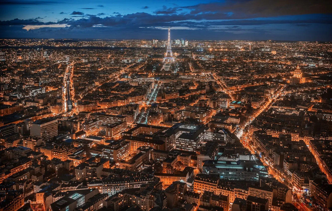 Photo wallpaper clouds, night, lights, street, France, Paris, tower, home