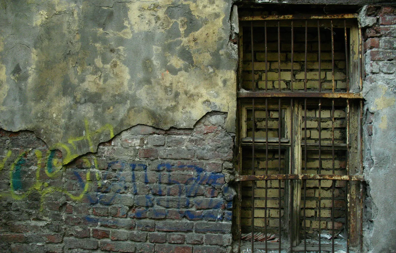 Photo wallpaper wall, window, grille, abandoned building